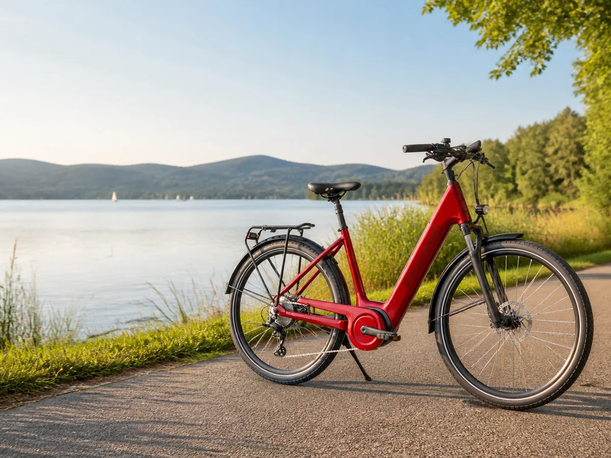 Rotes E-Citybike mit tiefem Einstieg am Ammersee